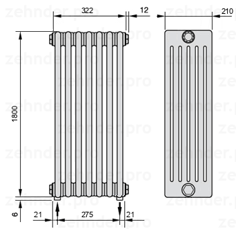 Схема (чертеж) Радиатор Zehnder Charleston 6180/7 №3570 Белый глянцевый RAL 9016